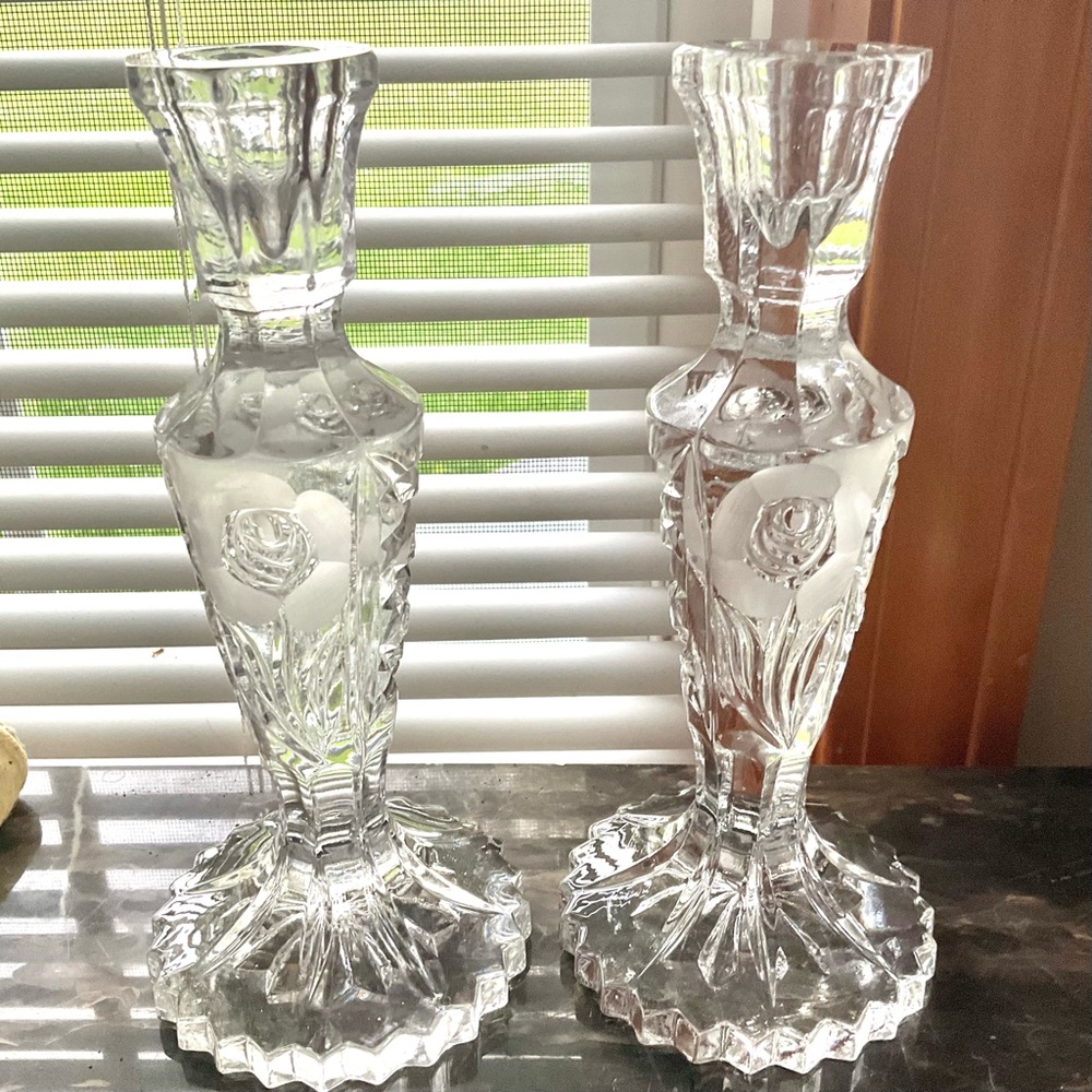Vintage Pair Heavy Crystal Cut Glass Decor Candle Stick Holders
